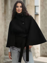 Aurohaya Chic Women's Wool Poncho Coat with Belt and High Collar, Casual Oversized Cape Jacket